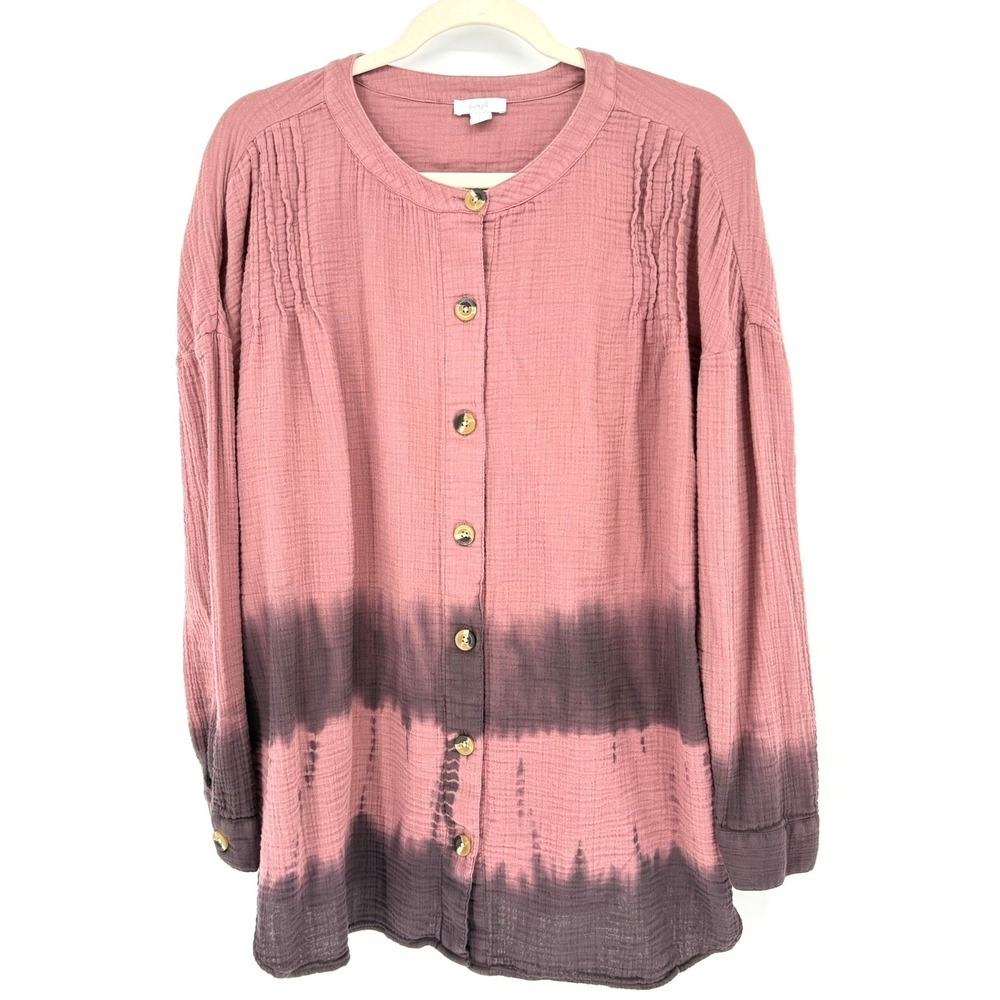 Pure Jill Womens L Cotton Gauze Henley Button Up Tunic Top Ombre Shirt Boho Chic